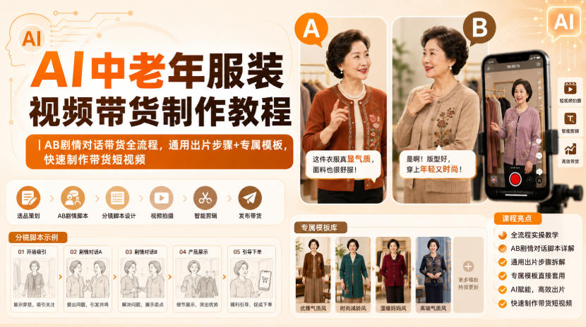 AI中老年服装视频带货制作教程｜AB剧情对话带货全流程，通用出片步骤+专属模板，快速制作带货短视频-来友网创