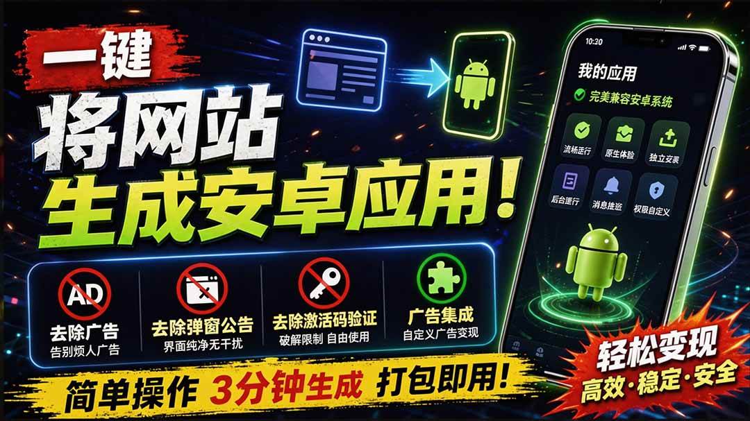 （20305期）目前最好用，一键将网站生成安卓应用！支持去除广告、弹窗公告、激活码验证、广告集成等 web-to-app-来友网创