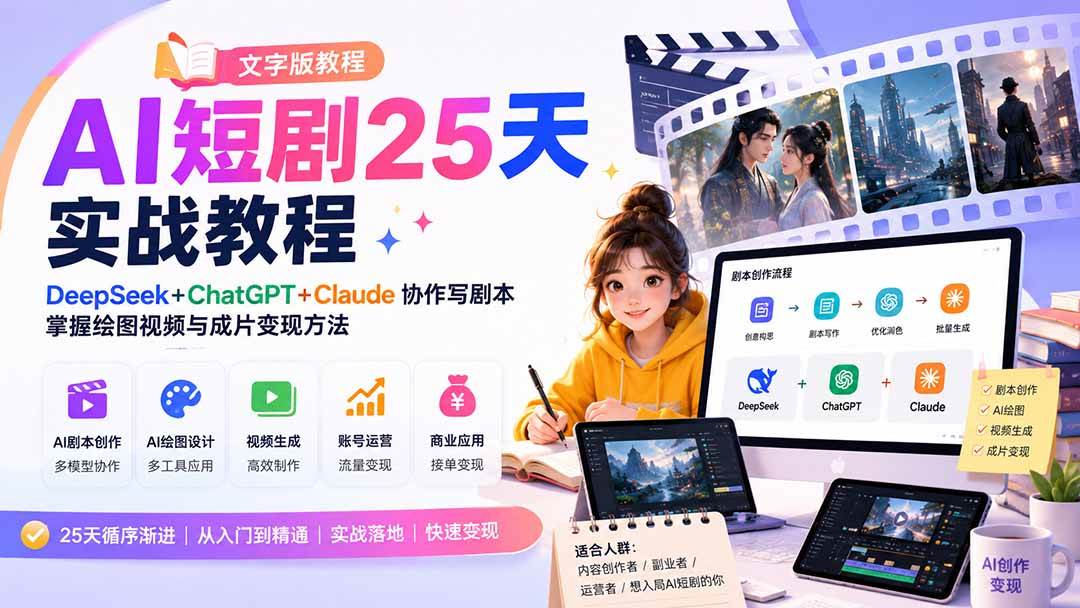 （20225期）AI短剧25天实战教程（文字版教程）：DeepSeek+ChatGPT+Claude协作写剧本，掌握绘图视频与成片变现方法-来友网创