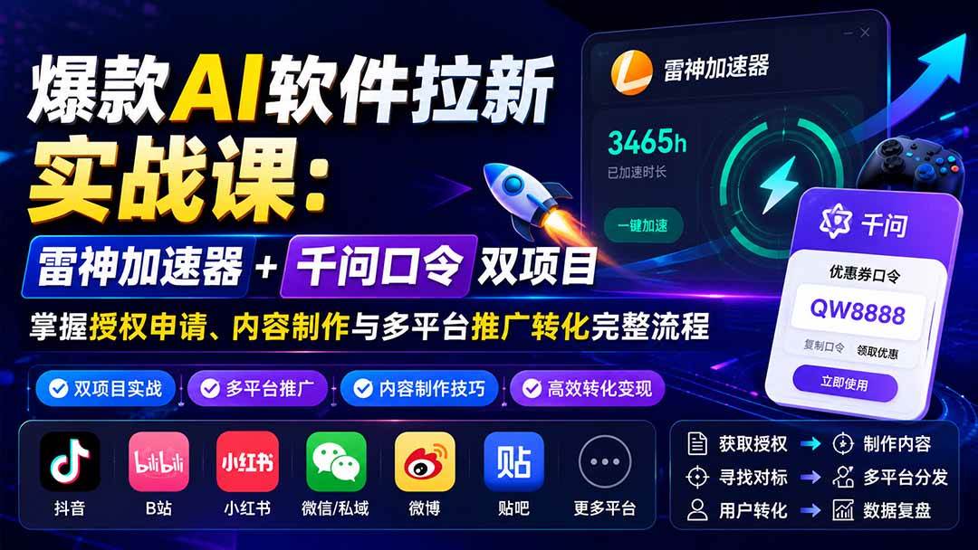 （20230期）爆款AI软件拉新实战课：雷神加速器+千问口令双项目，掌握授权申请、内容制作与多平台推广转化完整流程-来友网创