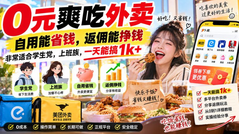 0元爽吃外卖，自用能省钱，返佣能挣钱，非常适合学生党，上班族，一天能搞1k+-来友网创