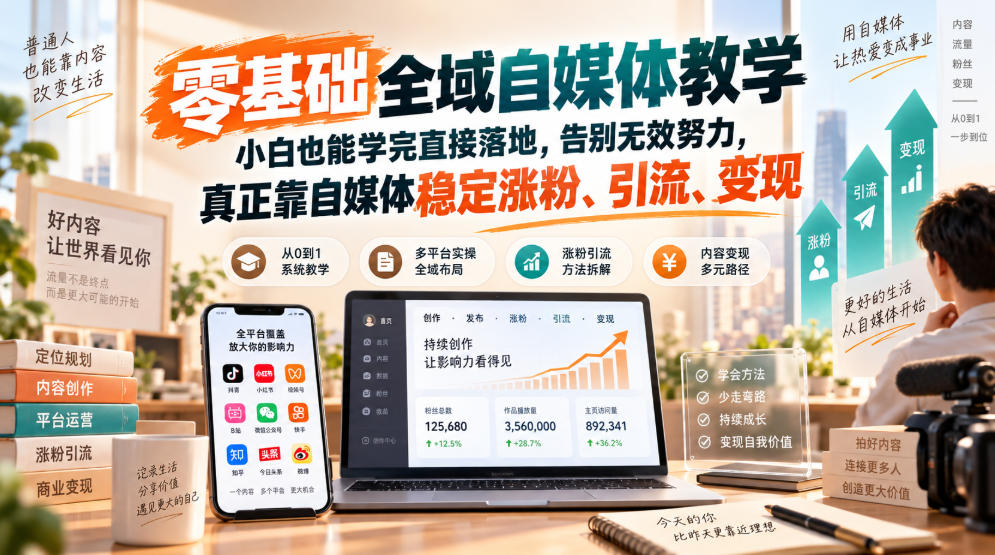 零基础全域自媒体教学，小白也能学完直接落地，告别无效努力，真正靠自媒体稳定涨粉、引流、变现-来友网创