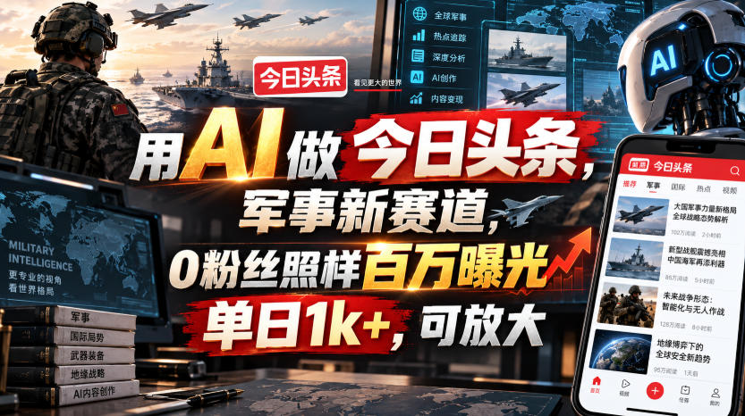 用AI做今日头条，军事新赛道，0粉丝照样百万曝光，单日1k+，可放大-来友网创