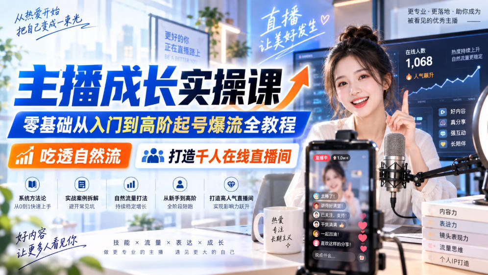 主播成长实操课｜零基础从入门到高阶起号爆流全教程，吃透自然流，打造千人在线直播间-来友网创