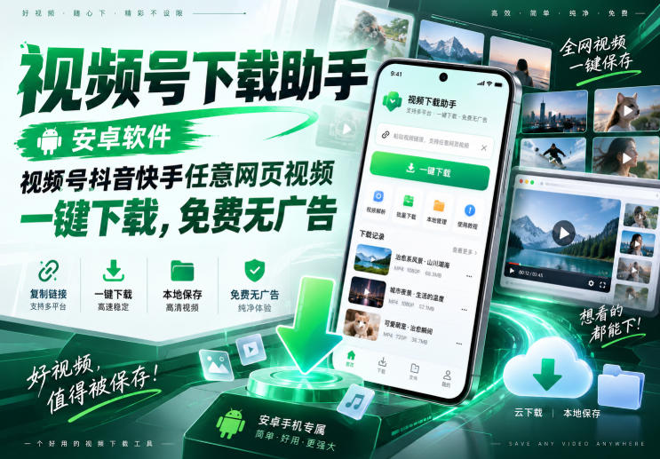 视频号下载助手，安卓软件，视频号抖音快手任意网页视频，一键下载，免费无广告-来友网创