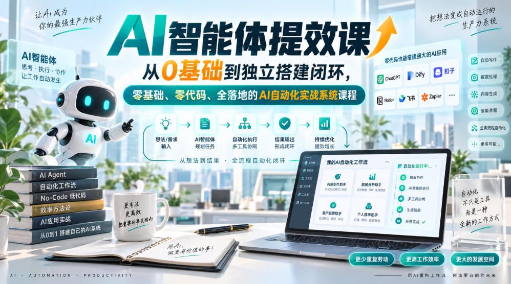 AI智能体提效课，从0基础到独立搭建闭环，零基础、零代码、全落地的AI自动化实战系统课程-来友网创