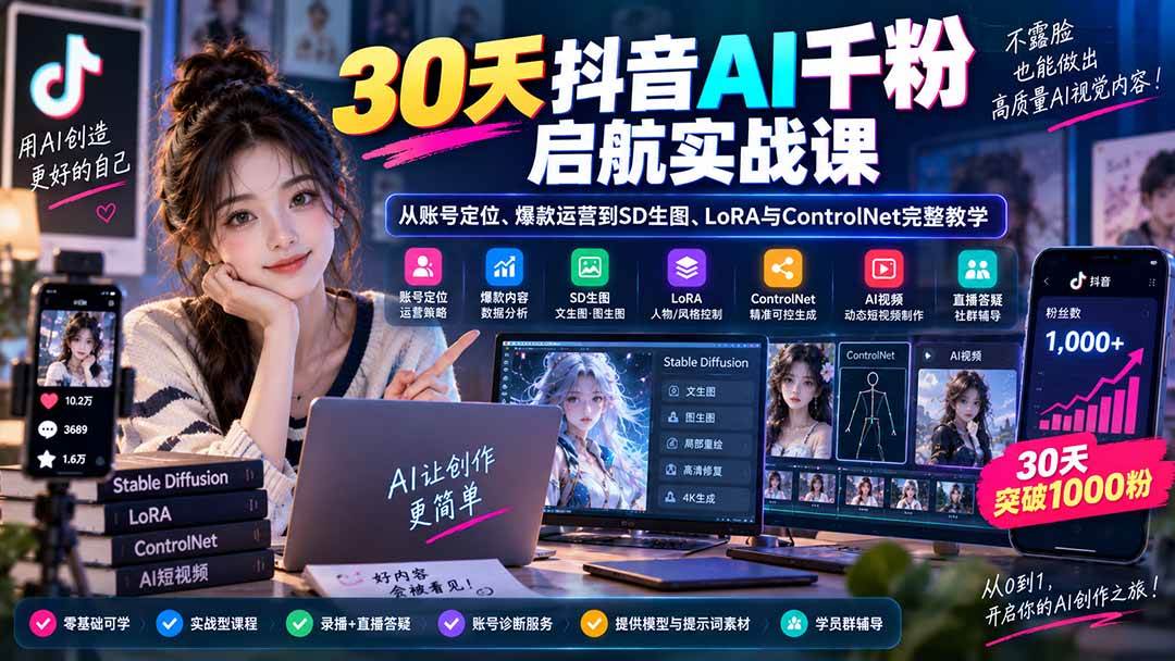 （20291期）30天抖音AI千粉启航实战课：从账号定位、爆款运营到SD生图、LoRA与ControlNet完整教学-来友网创