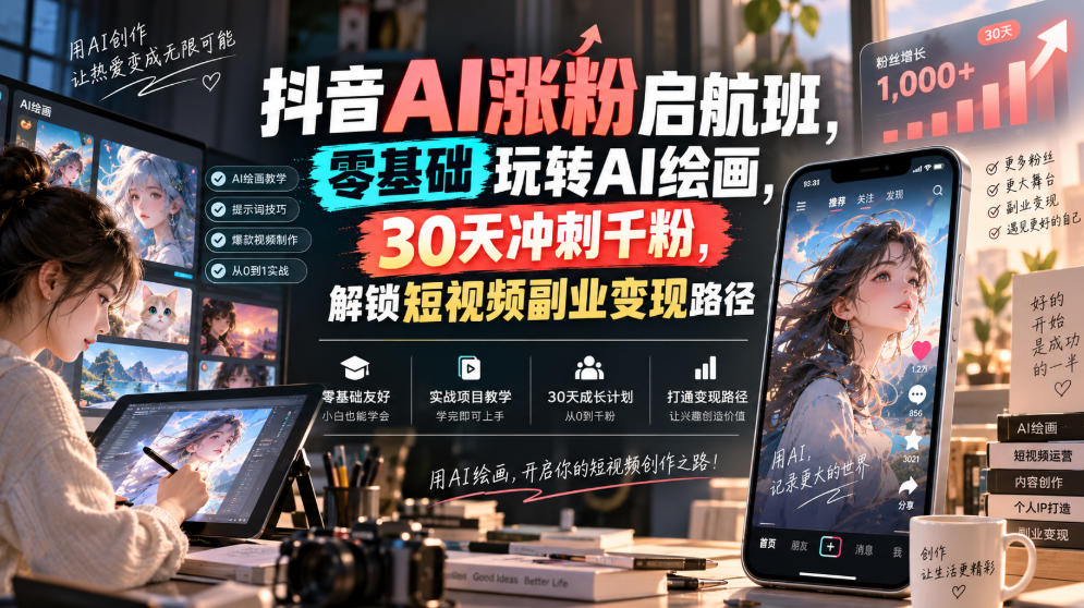 抖音AI涨粉启航班，零基础玩转AI绘画，30天冲刺千粉，解锁短视频副业变现路径-来友网创