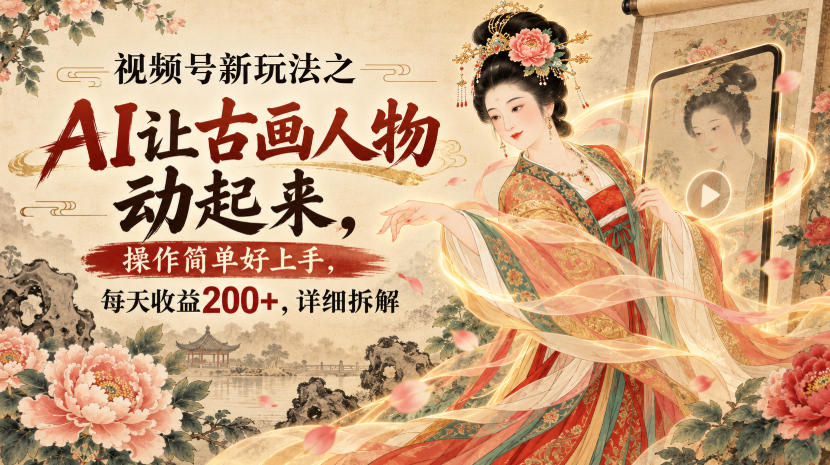 视频号新玩法之AI让古画人物动起来，操作简单好上手，每天收益200+，详细拆解-来友网创