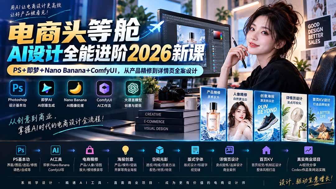 （20284期）电商头等舱AI设计全能进阶2026新课：PS+即梦+Nano Banana+ComfyUI，从产品精修到详情页全案设计-来友网创