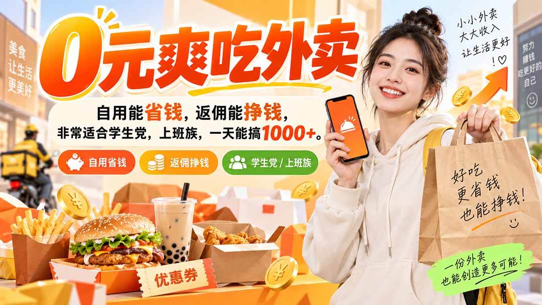 （20309期）0元爽吃外卖，自用能省钱，返佣能挣钱，非常适合学生党，上班族，一天能搞1000+-来友网创