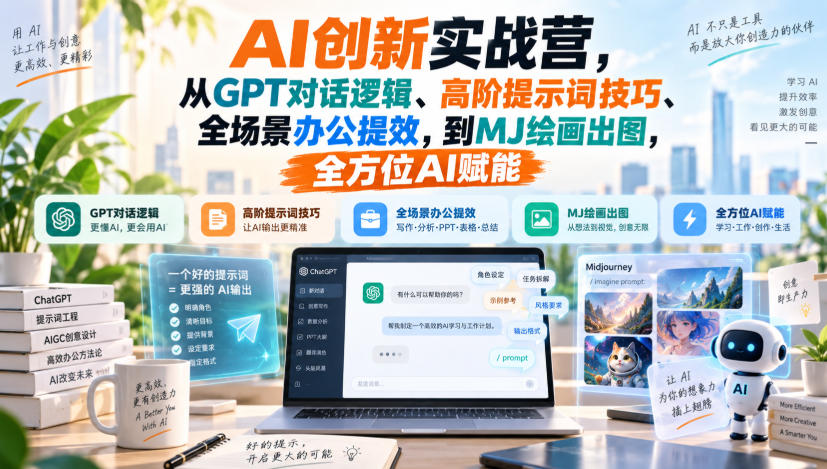 AI创新实战营，从GPT对话逻辑、高阶提示词技巧、全场景办公提效，到MJ绘画出图，全方位AI赋能-来友网创