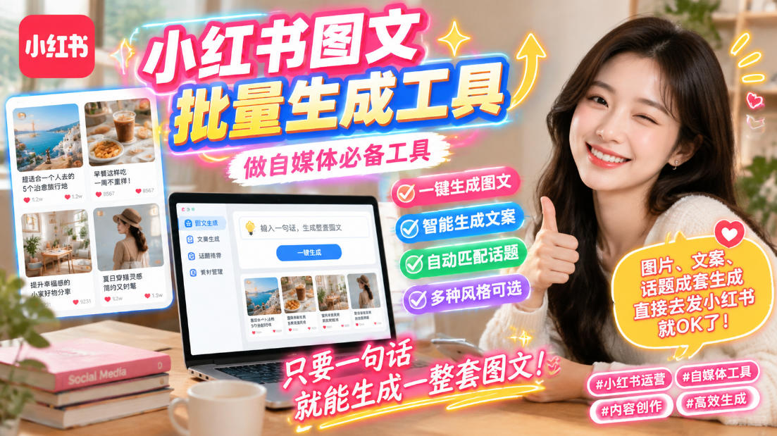 小红书图文批量生成工具，话题、文案、配图一键生成，直接发布，做自媒体必备工具-来友网创