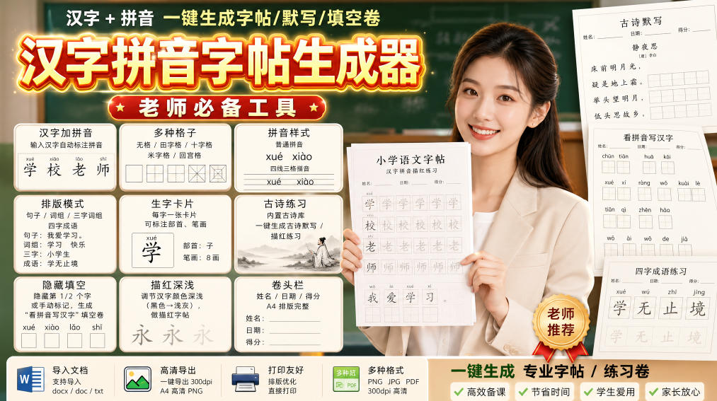 学习神器，汉字拼音字帖生成器，汉字+拼音 一键生成字帖/默写/填空卷，支持词组、成语，老师、家长必备-来友网创