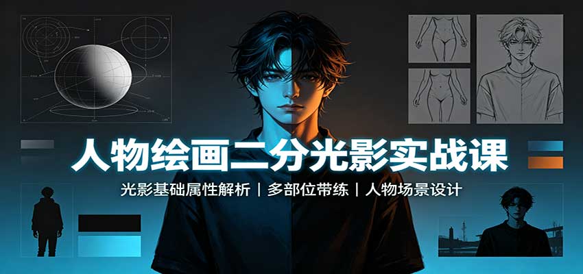 人物绘画二分光影实战课：光影基础属性解析，多部位带练，人物场景设计-来友网创