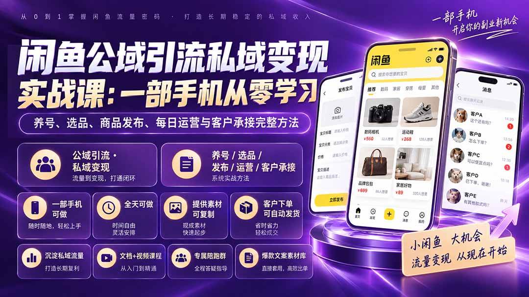 （20322期）闲鱼公域引流私域变现实战课：一部手机从零学习养号、选品、商品发布、每日运营与客户承接完整方法-来友网创