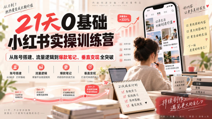 21天0基础小红书实操训练营｜从账号搭建、流量逻辑到爆款笔记、垂直变现全突破-来友网创