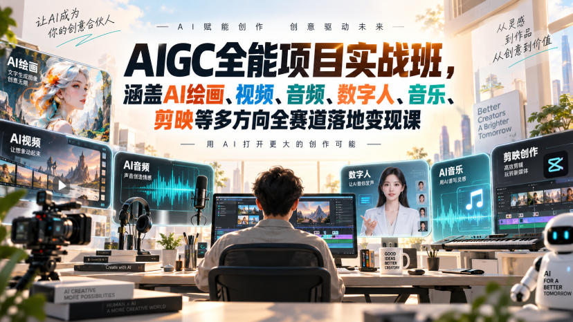 AIGC全能项目实战班，涵盖AI绘画、视频、音频、数字人、音乐、剪映等多方向全赛道落地变现课-来友网创