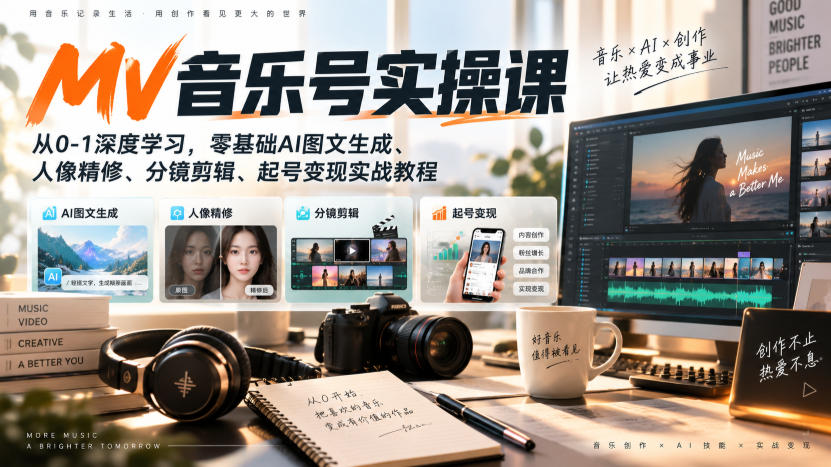 AI MV音乐号实操课，从0-1深度学习，零基础AI图文生成、人像精修、分镜剪辑、起号变现实战教程-来友网创