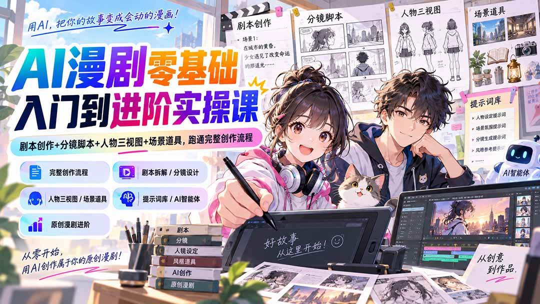 （20352期）AI漫剧零基础入门到进阶实操课：剧本创作+分镜脚本+人物三视图+场景道具，跑通完整创作流程-来友网创