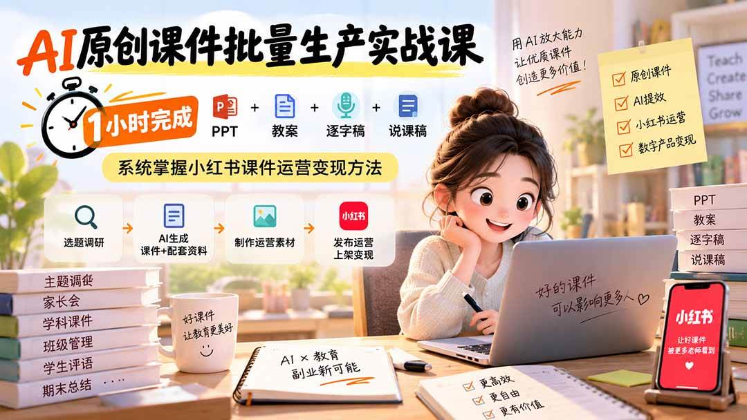（20351期）AI原创课件批量生产实战课：1小时完成PPT+教案+逐字稿+说课稿，系统掌握小红书课件运营变现方法-来友网创