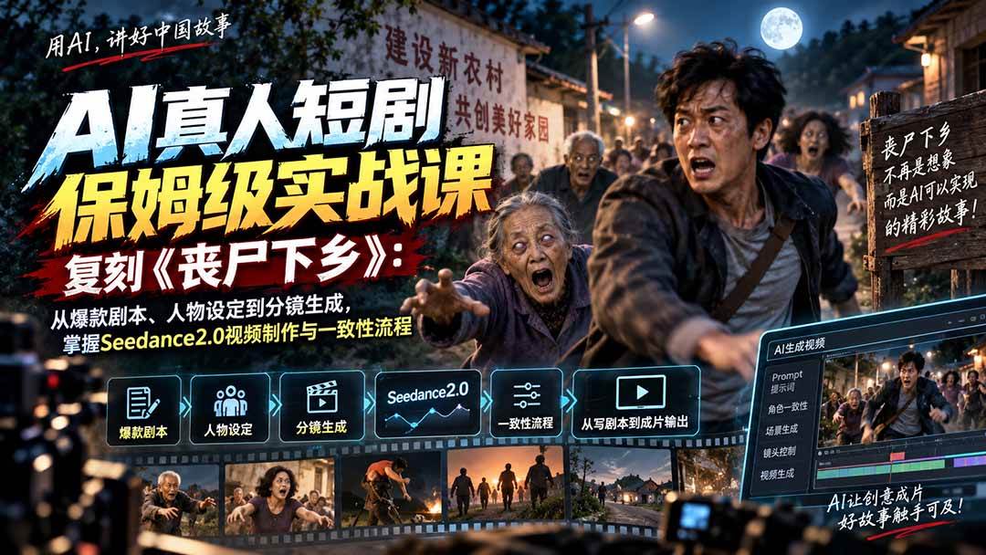 （20360期）AI真人短剧保姆级实战课，复刻《丧尸下乡》：从爆款剧本、人物设定到分镜生成，掌握Seedance2.0视频制作与一致性流程-来友网创