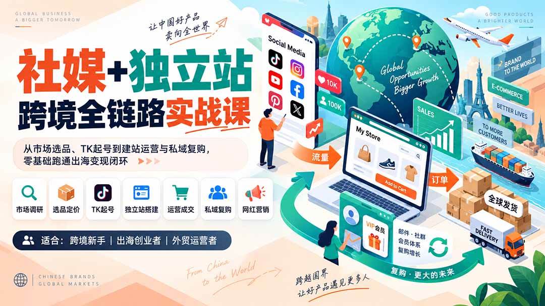 （20361期）社媒+独立站跨境全链路实战课：从市场选品、TK起号到建站运营与私域复购，零基础跑通出海变现闭环-来友网创