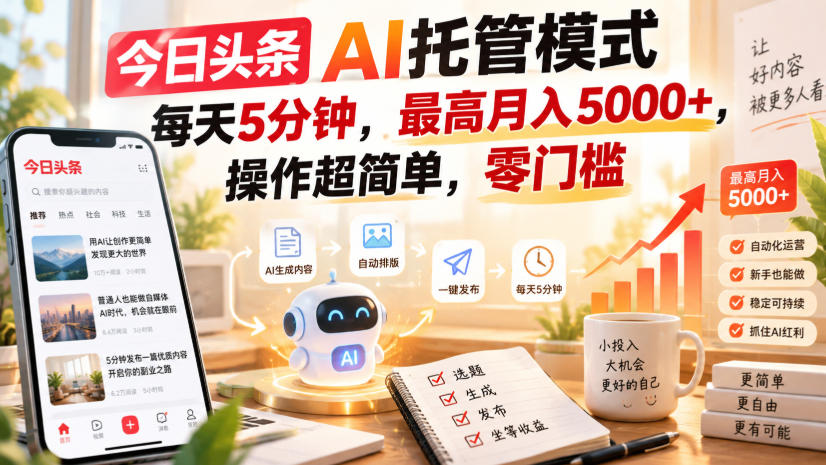 今日头条AI托管模式，每天5分钟，最高月入5000+，操作超简单，零门槛【揭秘】-来友网创