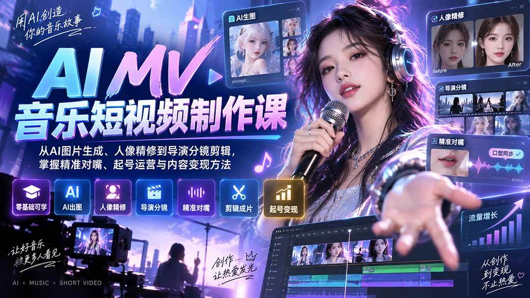 （20364期）AI MV音乐短视频制作课：从AI图片生成、人像精修到导演分镜剪辑，掌握精准对嘴、起号运营与内容变现方法-来友网创