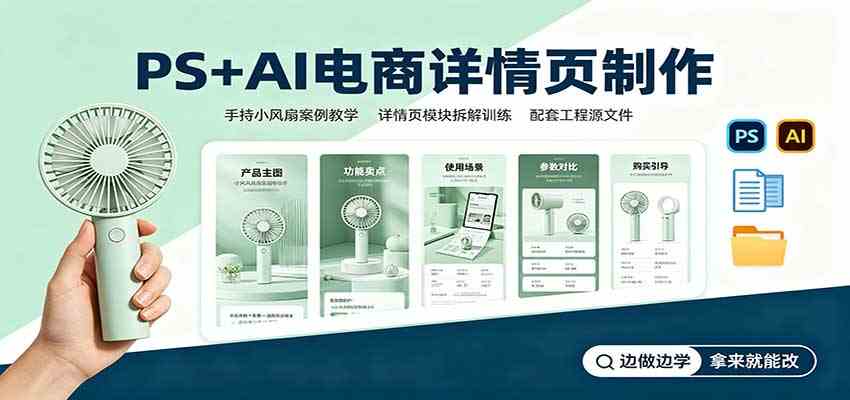 PS+AI电商详情页制作：手持小风扇案例教学，配套工程源文件-来友网创