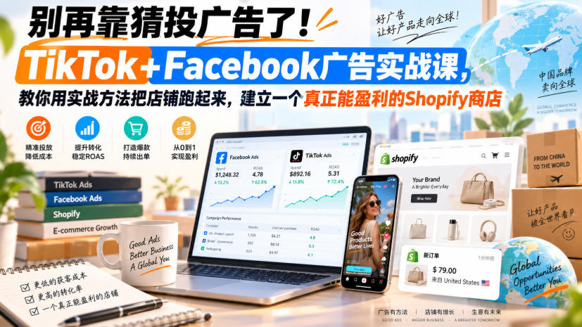 别再靠猜投广告了！TikTok+Facebook广告实战课，教你用实战方法把店铺跑起来，建立一个真正能盈利的Shopify商店【原创双语字幕】-来友网创