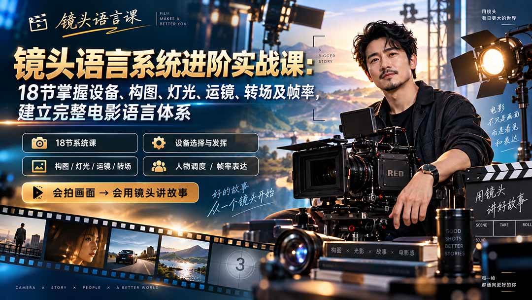 （20434期）镜头语言系统进阶实战课：18节掌握设备、构图、灯光、运镜、转场及帧率，建立完整电影语言体系-来友网创