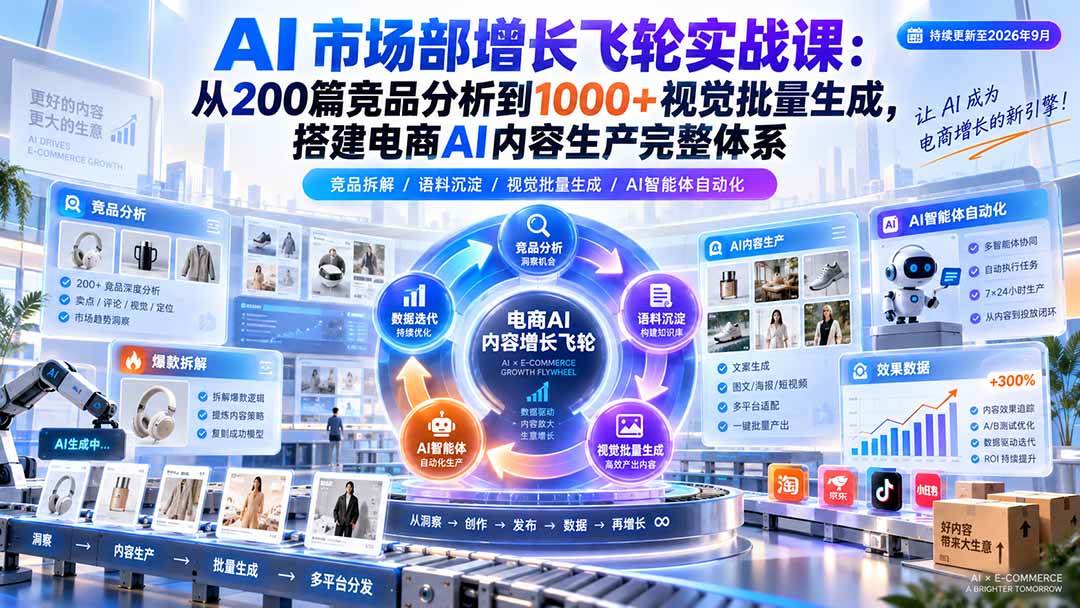 （20436期）AI 市场部增长飞轮实战课：从200篇竞品分析到1000+视觉批量生成，搭建电商AI内容生产完整体系-来友网创