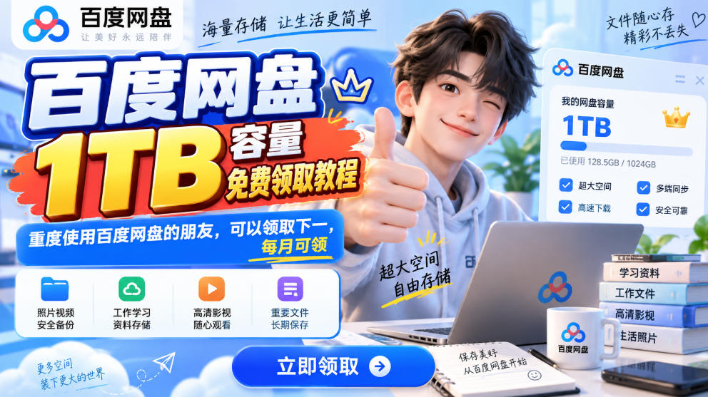 百度网盘1TB容量免费领取教程，重度使用百度网盘的朋友，可以领取下一，每月可领-来友网创
