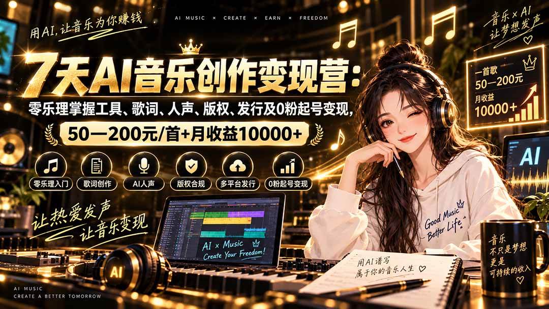 （20442期）AI音乐创作变现营：零乐理掌握工具、歌词、人声、版权、发行及0粉起号变现，50—200元/首+月收益10000+-来友网创