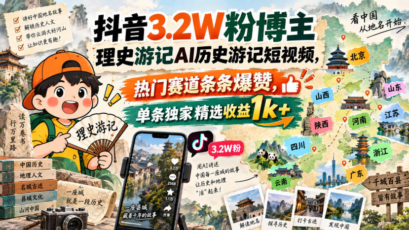 抖音3.2W粉博主理史游记AI历史游记短视频教学，热门赛道条条爆赞，单条独家精选收益1k+-来友网创