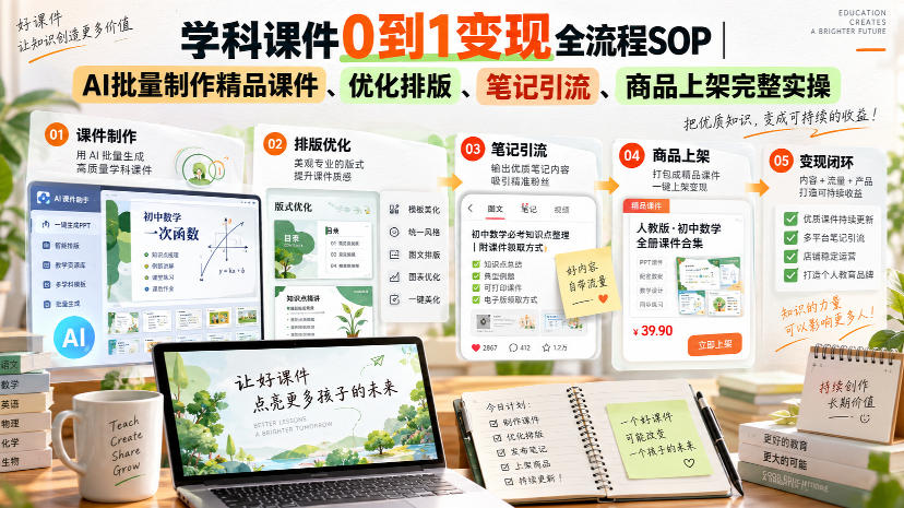学科课件0到1变现全流程SOP｜AI批量制作精品课件、优化排版、笔记引流、商品上架完整实操​-来友网创