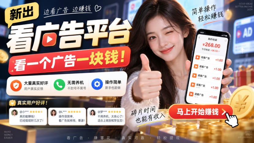 新出看广告平台，看一个广告一块钱，大量真实好评！无需养机、不会黑号，操作简单【揭秘】-来友网创