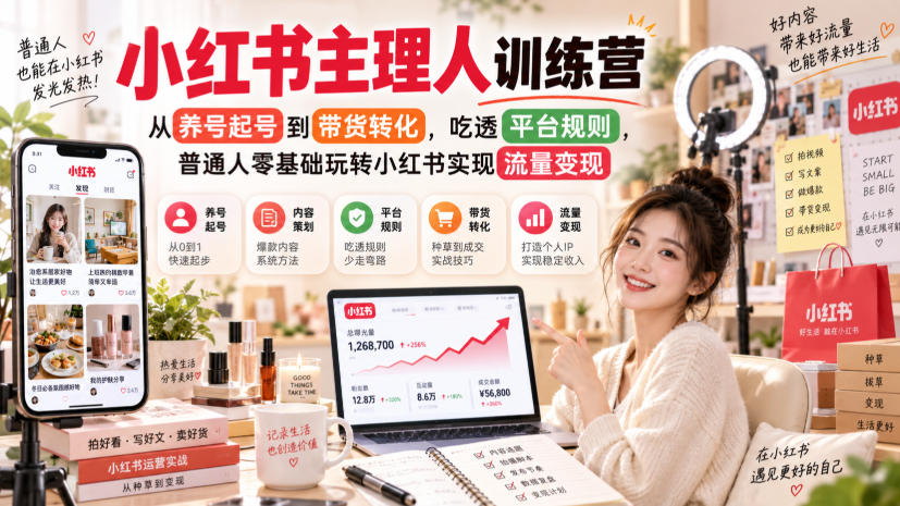 小红书主理人训练营，从养号起号到带货转化，吃透平台规则，普通人零基础玩转小红书实现流量变现-来友网创