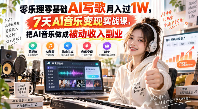 零乐理零基础AI写歌月入过1W，7天AI音乐变现实战课，把AI音乐做成被动收入副业-来友网创