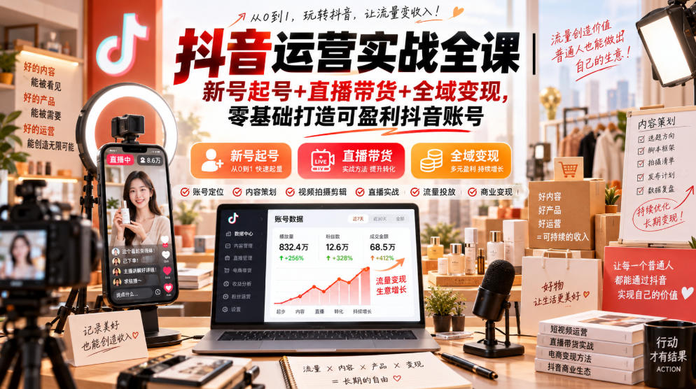 抖音运营实战全课｜新号起号+直播带货+全域变现，零基础打造可盈利抖音账号-来友网创