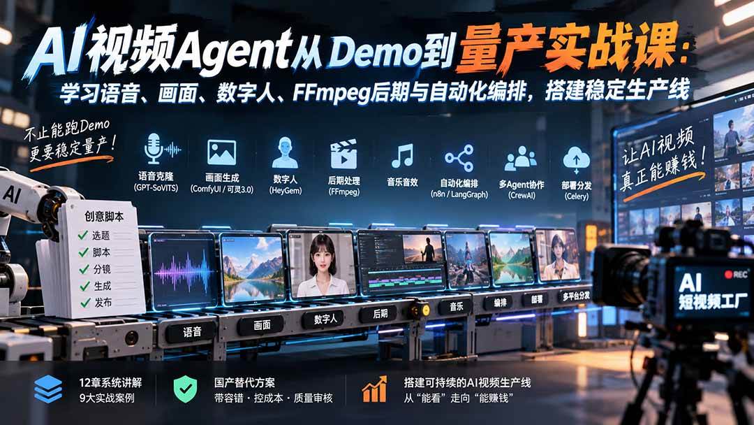 （20451期）AI视频Agent从Demo到量产实战课：学习语音、画面、数字人、FFmpeg后期与自动化编排，搭建稳定生产线-来友网创