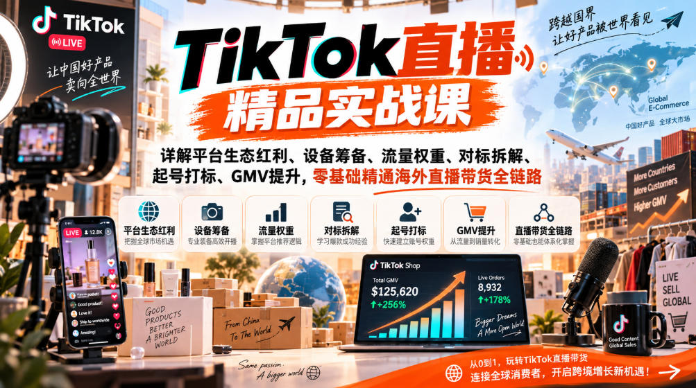 TikTok直播精品实战课，详解平台生态红利、设备筹备、流量权重、对标拆解、起号打标、GMV提升，零基础精通海外直播带货全链路-来友网创