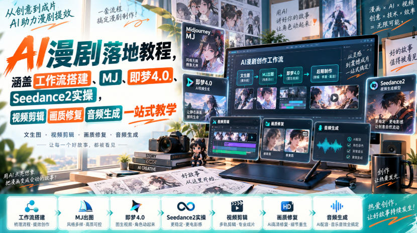 AI漫剧落地教程，涵盖工作流搭建、MJ、即梦4.0、Seedance2实操，视频剪辑画质修复音频生成一站式教学-来友网创