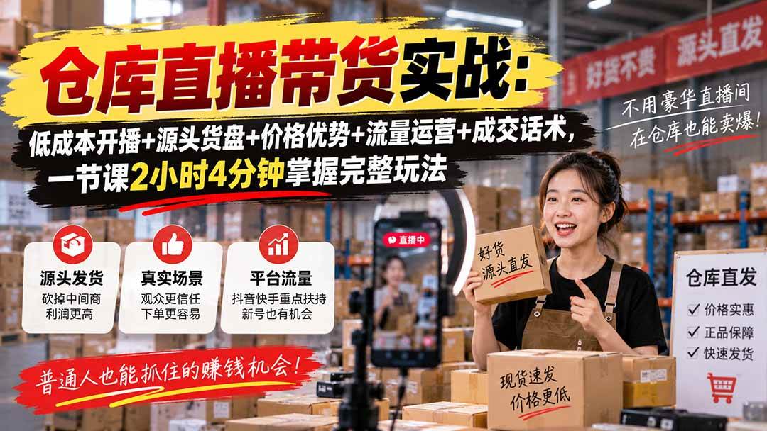 （20471期）仓库直播带货实战：低成本开播+源头货盘+价格优势+流量运营+成交话术，一节课2小时4分钟掌握完整玩法-来友网创