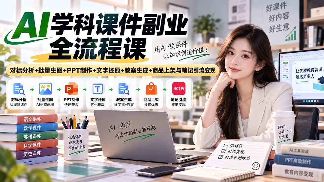 （20469期）AI学科课件副业全流程课｜对标分析+批量生图+PPT制作+文字还原+教案生成+商品上架与笔记引流变现-来友网创