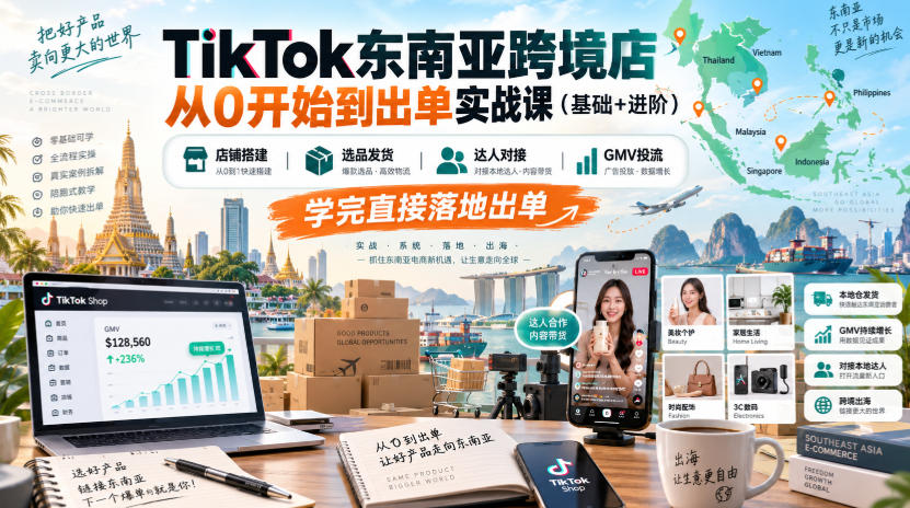 TikTok东南亚跨境店从0开始到出单实战课（基础+进阶），店铺搭建、选品发货、达人对接、GMV投流，学完直接落地出单-来友网创