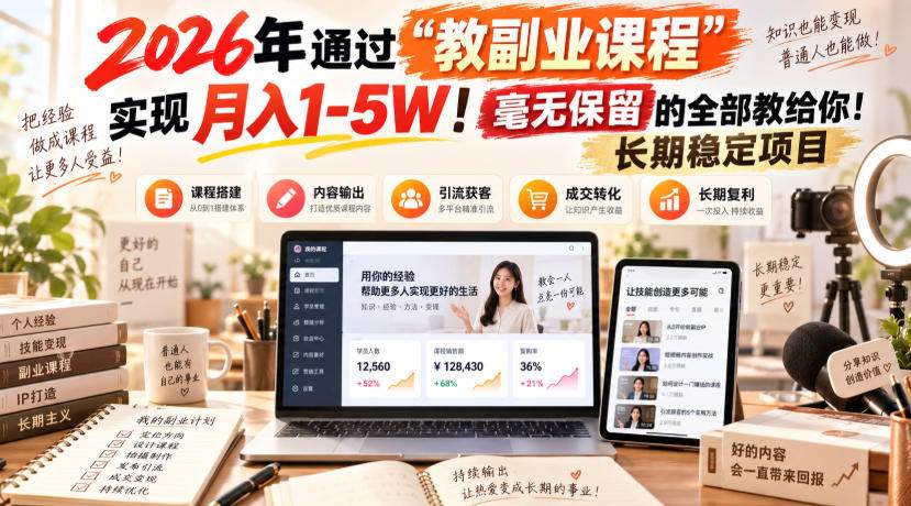 （20468期）2026年通过“教副业课程”实现月入1-5W！毫无保留的全部教给你！长期稳定项目-来友网创