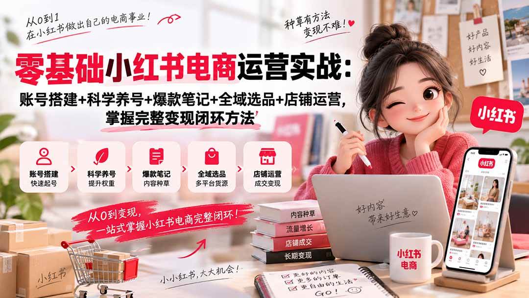 （20467期）零基础小红书电商运营实战：账号搭建+科学养号+爆款笔记+全域选品+店铺运营，掌握完整变现闭环方法-来友网创