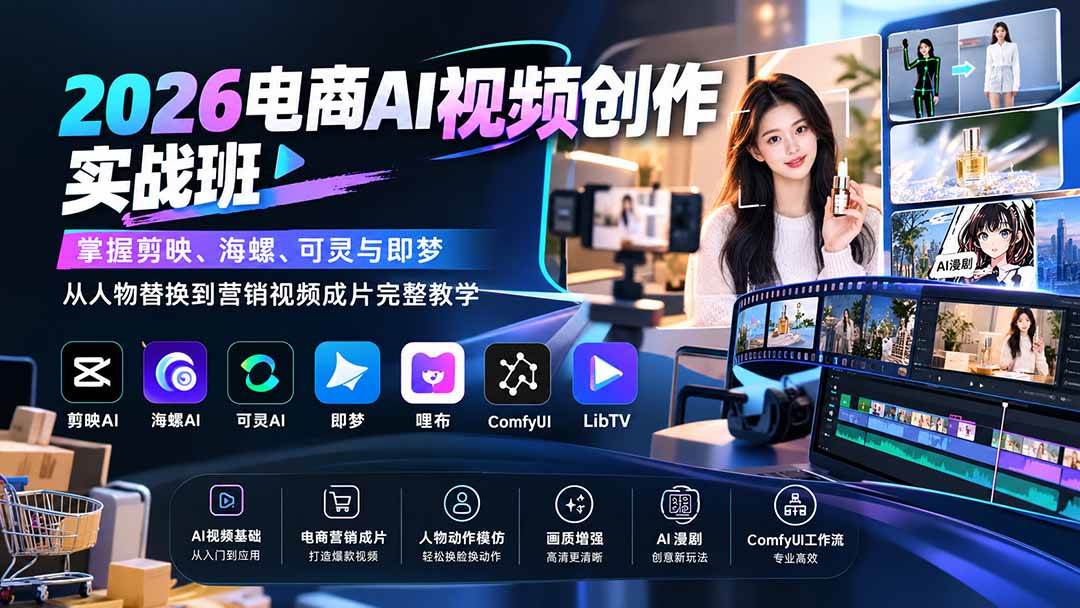 （20466期）2026电商AI视频创作实战班：掌握剪映、海螺、可灵与即梦，从人物替换到营销视频成片完整教学-来友网创